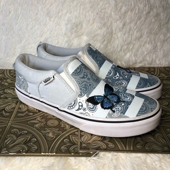 Vans Slip-On Patchwork Sneakers - White and Blue with Butterfly Missy 5 - Picture 6 of 16